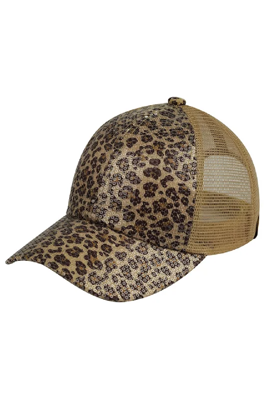 baseball cap for hipster style-BAB-8041 Sequin Mesh Back Cap Leopard Beige