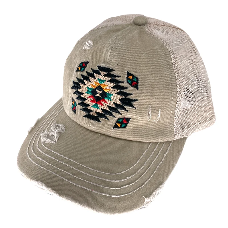 baseball cap for curly hair-BT-1018 Aztec Criss Cross Pony Cap Beige