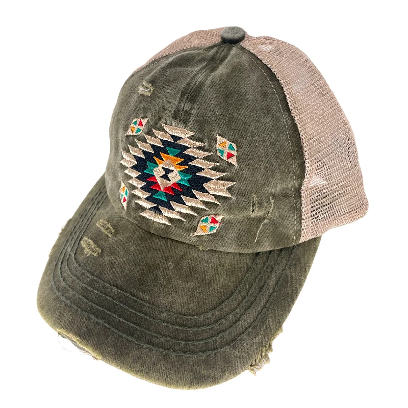 baseball cap sun protection-BT-1018 Aztec Criss Cross Pony Cap Dark Olive