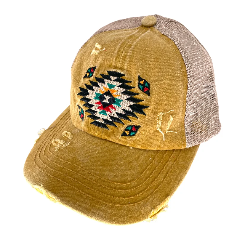 baseball cap with mesh back-BT-1018 Aztec Criss Cross Pony Cap Mustard