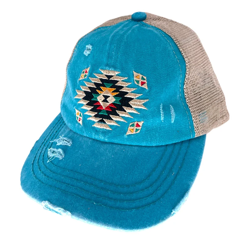 baseball cap storage ideas-BT-1018 Aztec Criss Cross Pony Cap Turquoise