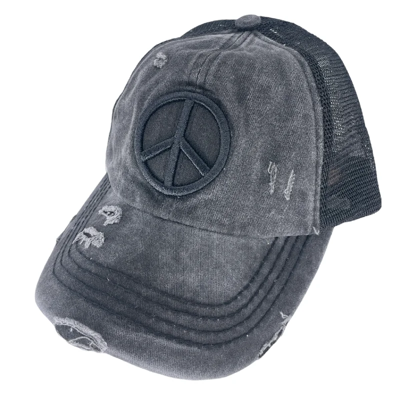 baseball cap for hiking trips-BT-1017 Peace Criss Cross Pony Cap Black