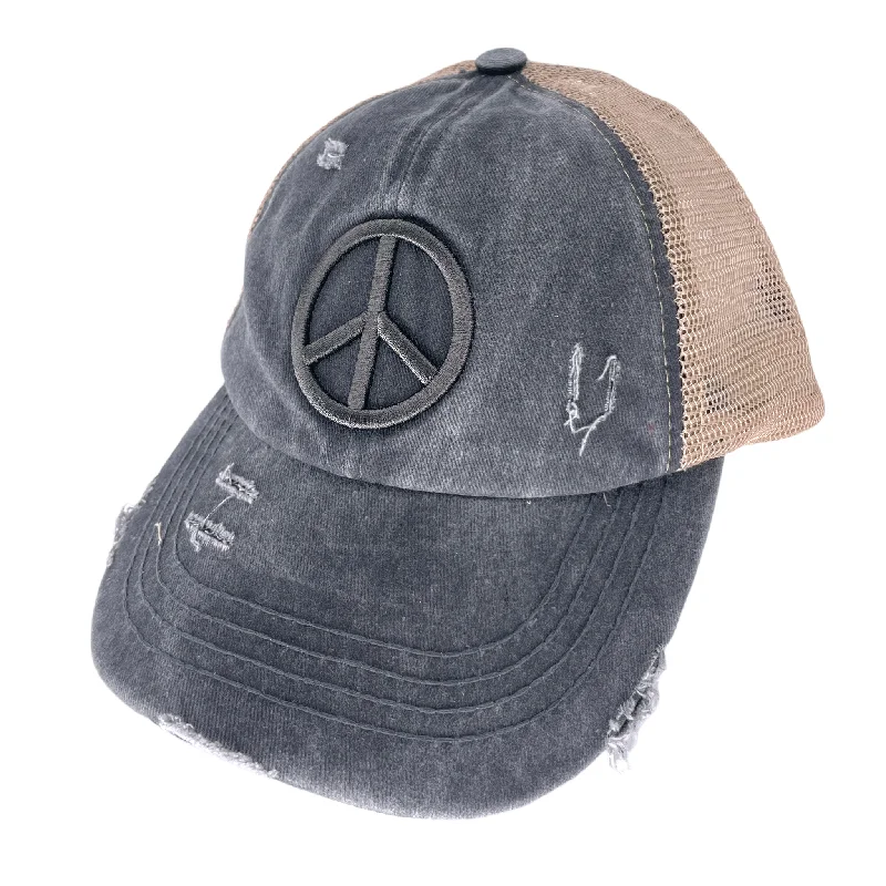 baseball cap with leather strap-BT-1017 Peace Criss Cross Pony Cap Charcoal