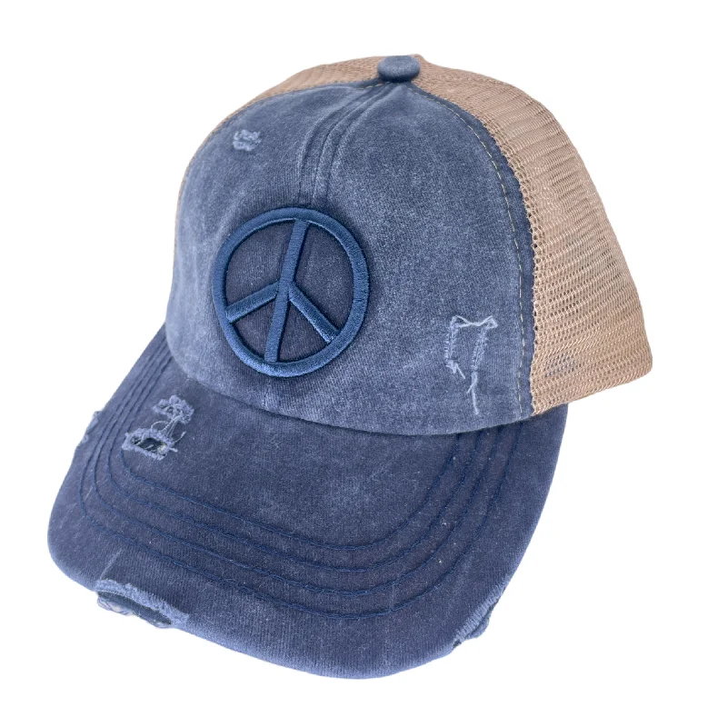 baseball cap trends for women-BT-1017 Peace Criss Cross Pony Cap Navy