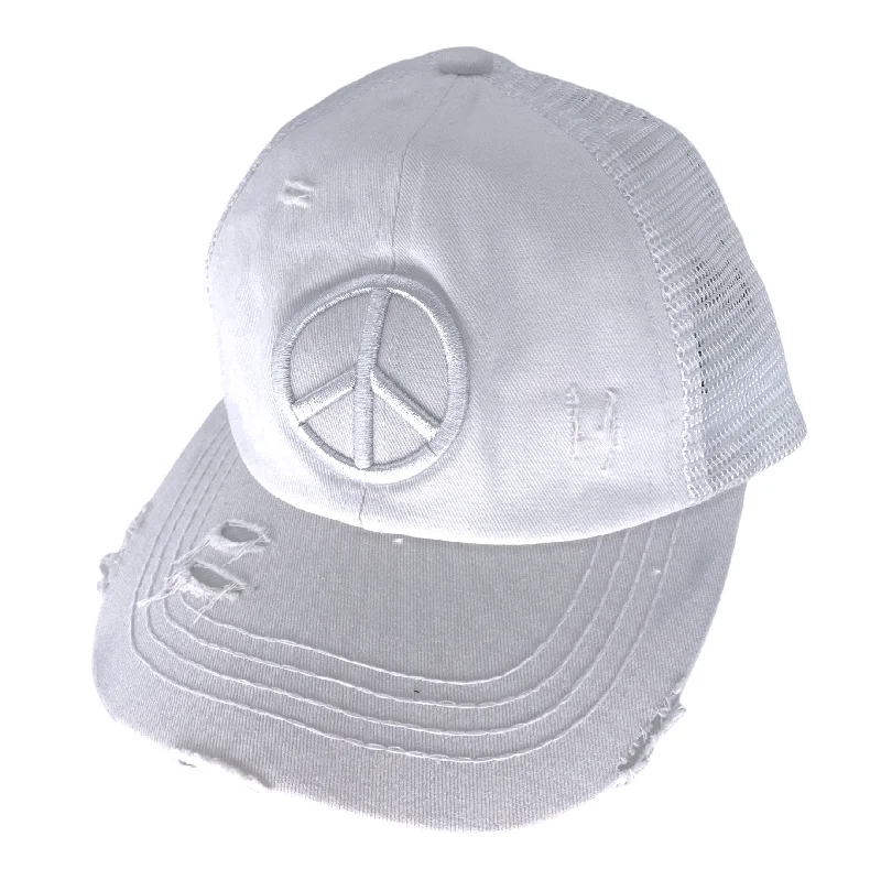 eco-friendly baseball cap choices-BT-1017 Peace Criss Cross Pony Cap White