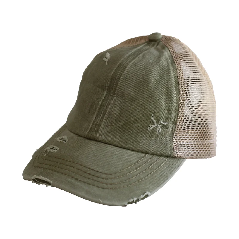 baseball cap for thick hair-BT-780 C.C Criss Cross Pony Cap OLIVE/BEIGE