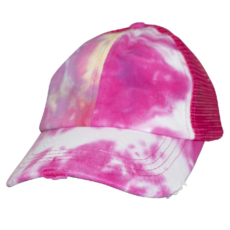 baseball cap with front embroidery-BT-791 Kids C.C Criss Cross Pony Cap Tie Dye Hot Pink/Hot Pink