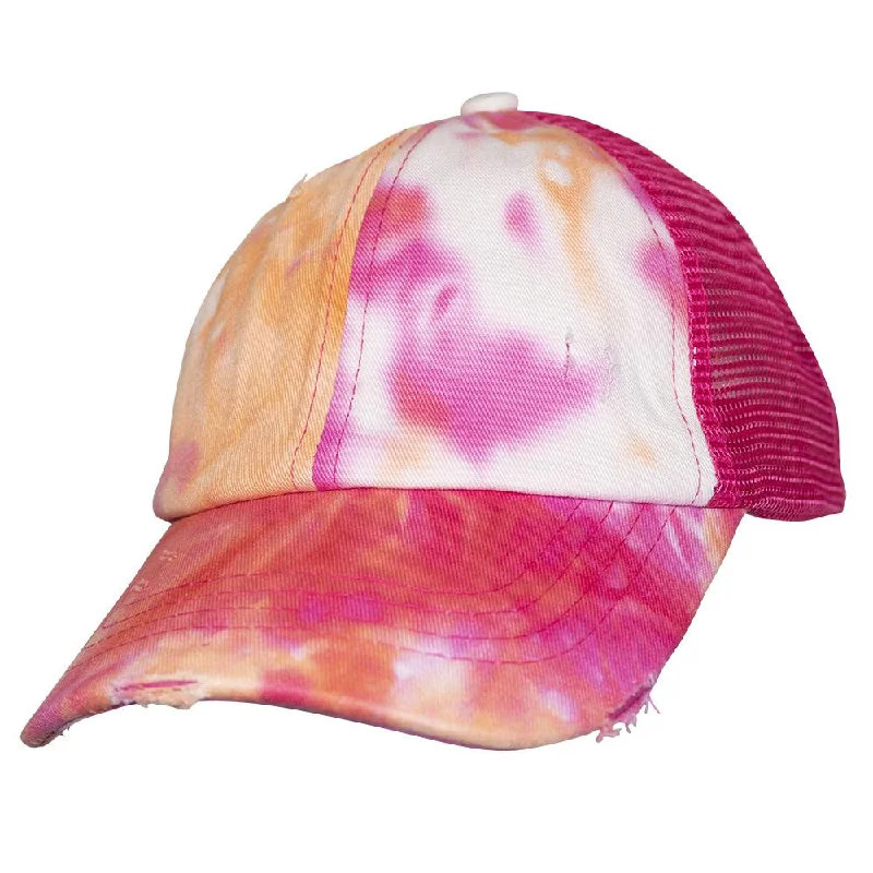 baseball cap with striped design-BT-791 Kids C.C Criss Cross Pony Cap Tie Dye Orange/Hot Pink