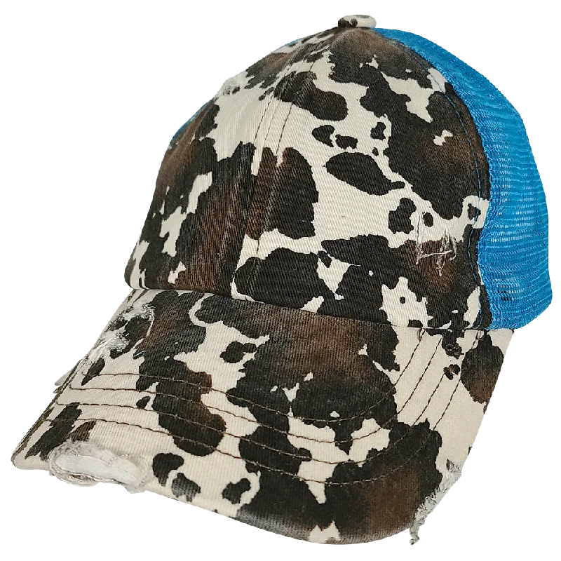 baseball cap with adjustable strap-BT-938 Cow Print Criss Cross Pony Cap Turq