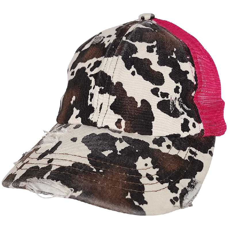 baseball cap retro fashion revival-BT-938 Cow Print Criss Cross Pony Cap Hot Pink