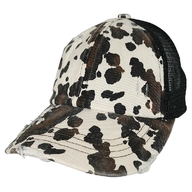 baseball cap for rainy days-BT-938 Cow Print Criss Cross Pony Cap Black