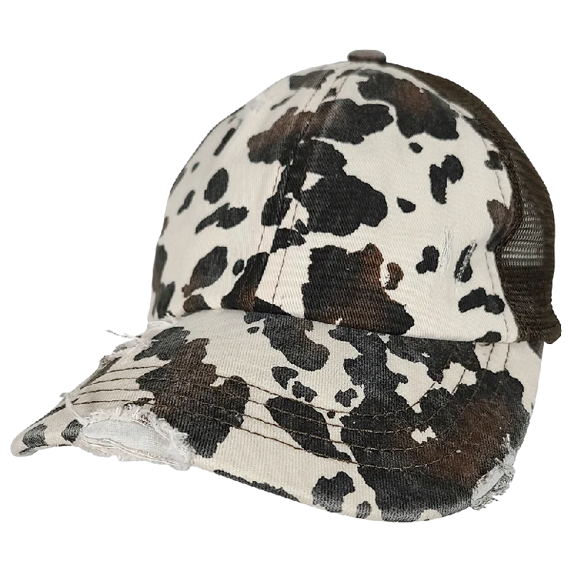 baseball cap with flat bill-BT-938 Cow Print Criss Cross Pony Cap Brown