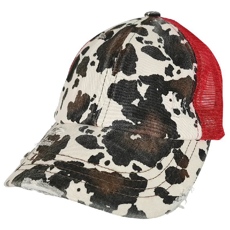 baseball cap for sports fans-BT-938 Cow Print Criss Cross Pony Cap Red