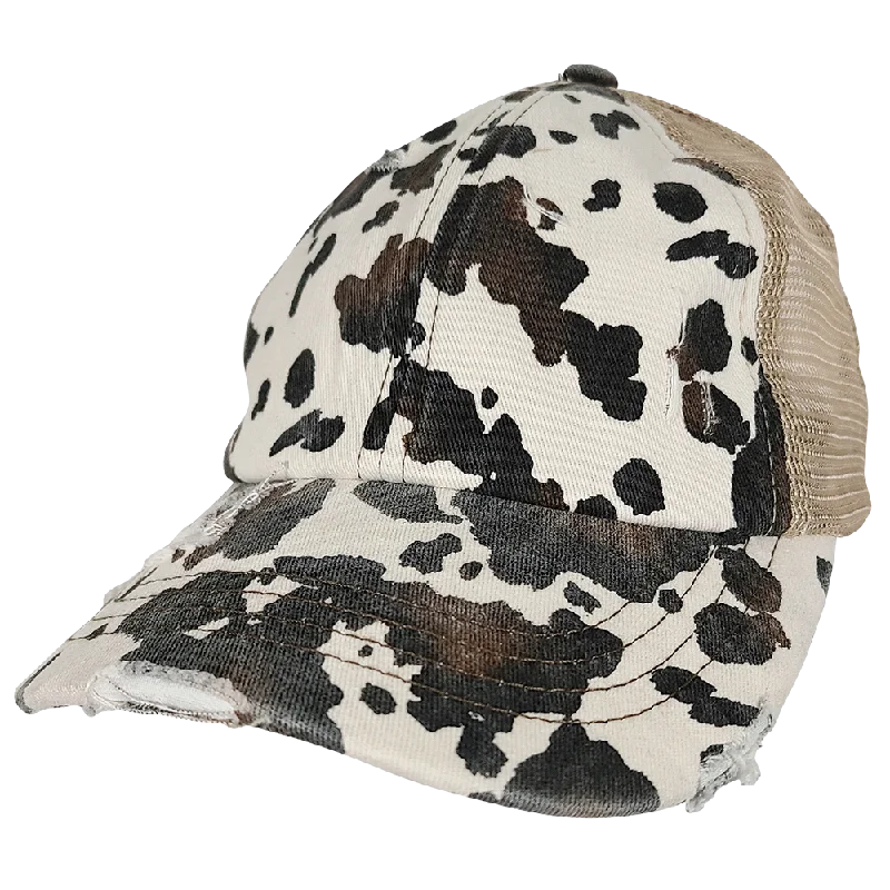 baseball cap custom color options-BT-938 Cow Print Criss Cross Pony Cap Beige