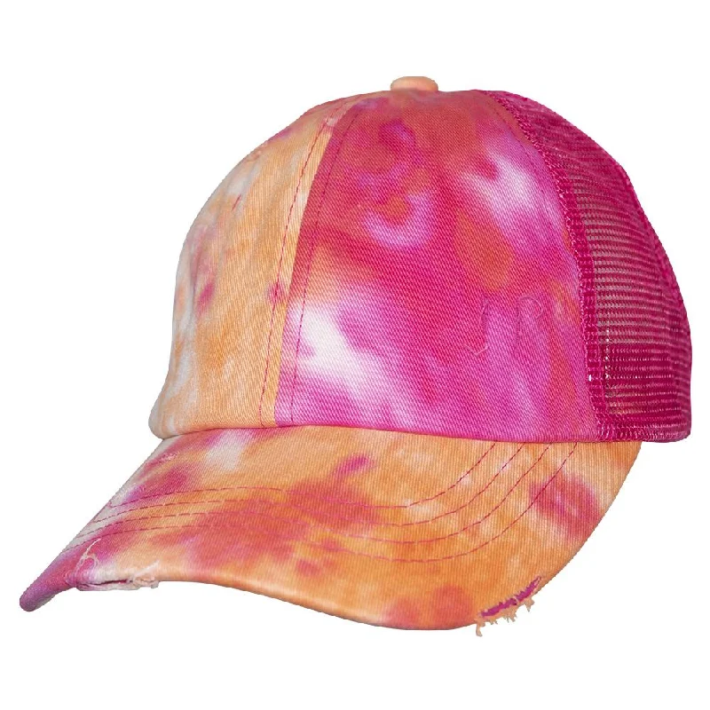 baseball cap with elastic band-BT-924 C.C Criss Cross Pony Cap Tie Dye Orange/Hot Pink