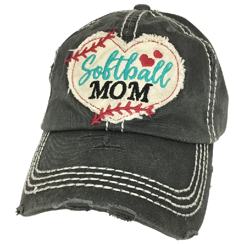 baseball cap with tough stitching-KBV-1194 Softball Mom Heart Black