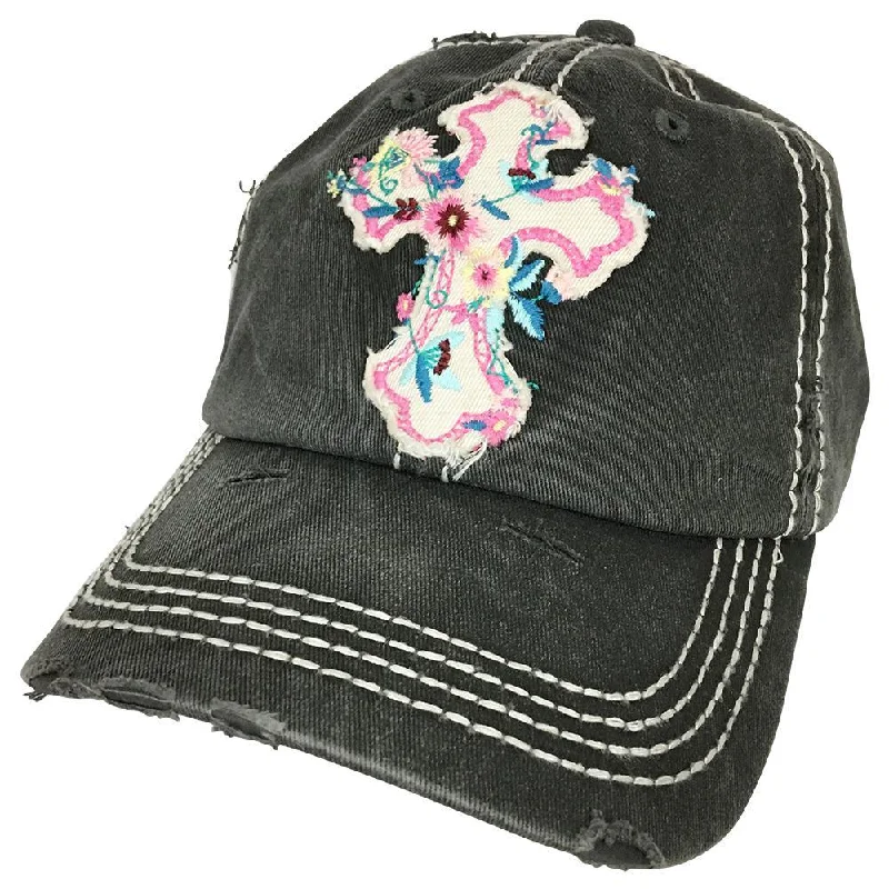 baseball cap for foggy days-KBV-1208 Floral Cross Cap Black