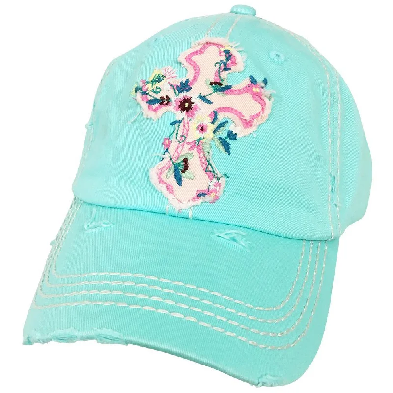 baseball cap with heavy-duty stitching-KBV-1208 Floral Cross Cap Diamond Blue