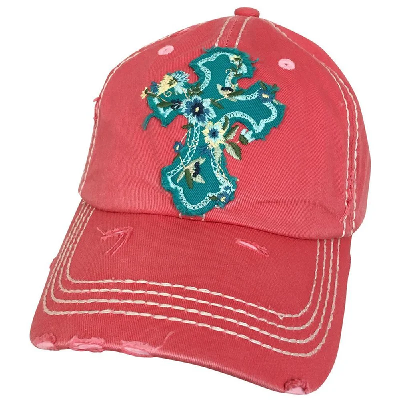 baseball cap with sarcastic quotes-KBV-1208 Floral Cross Cap Hot Pink