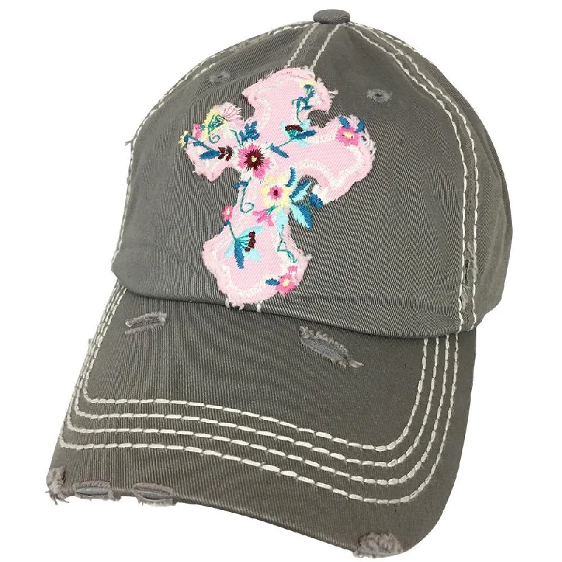 baseball cap with colorful threads-KBV-1208 Floral Cross Cap Light Grey