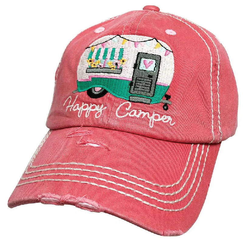 baseball cap for pilates classes-KBV-1276 Happy Camper-Torn Look-Hot Pink