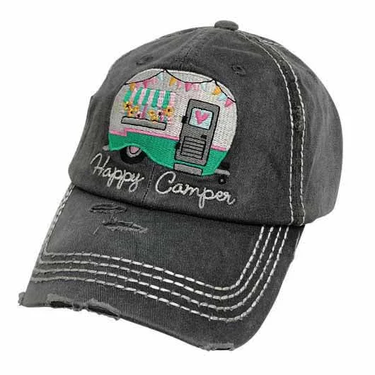 baseball cap with gaming references-KBV-1276 Happy Camper-Torn Look-Black