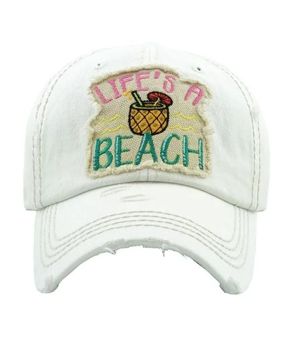 baseball cap for grad students-KBV-1272 Life’s A Beach-Torn Look-White