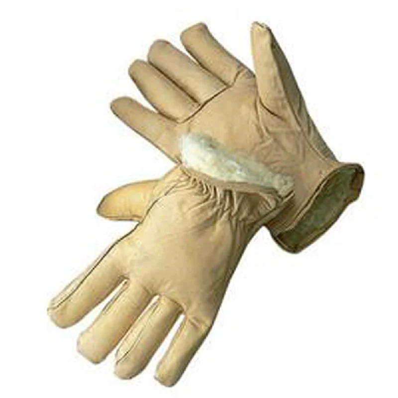 glove with active edge-  Radnor Large Tan Leather Thinsulate Lined Cold Weather Gloves With Keystone Thumb, Safety Cuffs, Color Coded Hem And Shirred Elastic Wrist