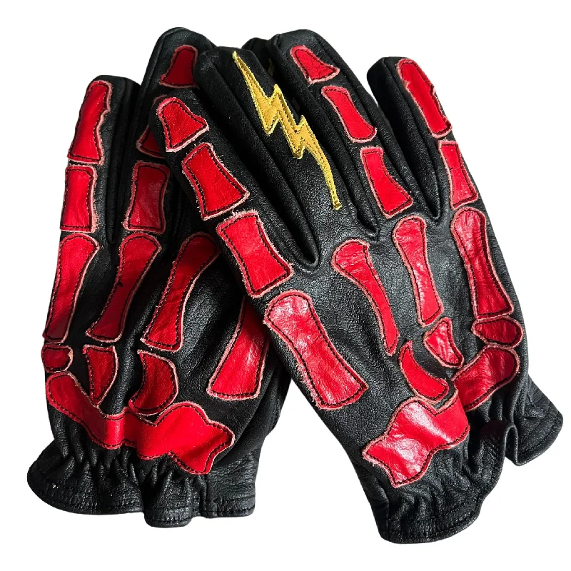 glove with warm feel-  Astrapí (Lightning) Skeleton Leather Motorcycle Glove - Black-RED