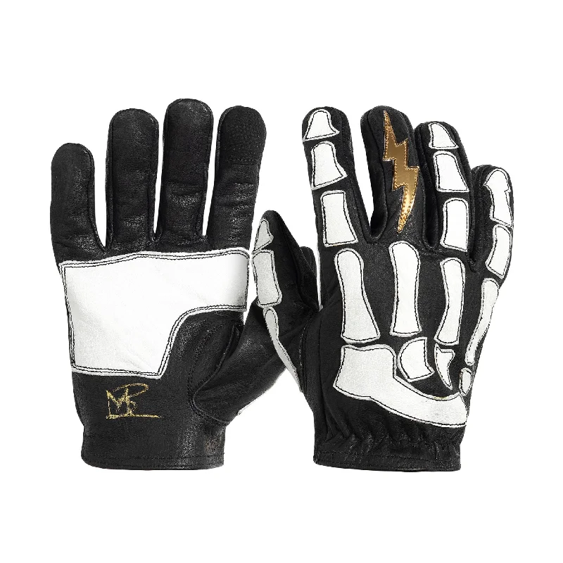 glove with metal trim-  Astrapí (Lightning) Skeleton Leather Motorcycle Glove - Black-White