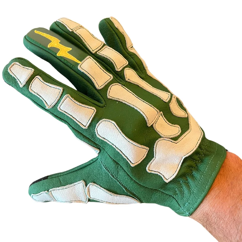 glove for warmth-  Astrapí (Lightning) Skeleton Leather Motorcycle Glove - Green & White