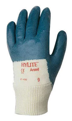 glove with rugged-  Ansell Size 7 Hylite Medium Duty Multi-Purpose Cut And Abrasion Resistant Blue Nitrile Palm Coated Work Gloves With Interlock Knit Cotton Liner And Knit Wrist