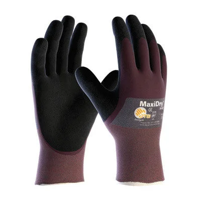 glove with velcro-  Protective Industrial Products Medium MaxiDry by ATG Ultra Light Weight Abrasion Resistant Black Nitrile Dipped Coated Work Gloves With Purple Seamless Knit Nylon Liner And Continuous Knit Cuff