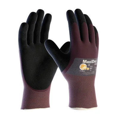 glove with grey finish-  Protective Industrial Products X-Large MaxiDry by ATG Ultra Light Weight Abrasion Resistant Black Nitrile Dipped Coated Work Gloves With Purple Seamless Knit Nylon Liner And Continuous Knit Cuff