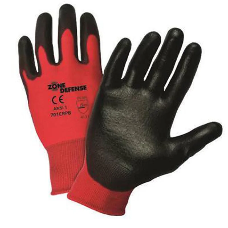 glove with active vibe-  West Chester X-Large Zone Defense Cut And Abrasion Resistant Black Polyurethane Dipped Palm Coated Work Gloves With Red Liner And Elastic Knit Wrist