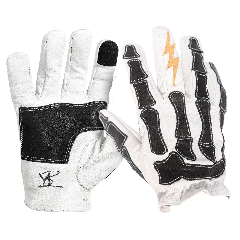 glove with color design-  Astrapí (Lightning) Skeleton Leather Motorcycle Glove - White-Black