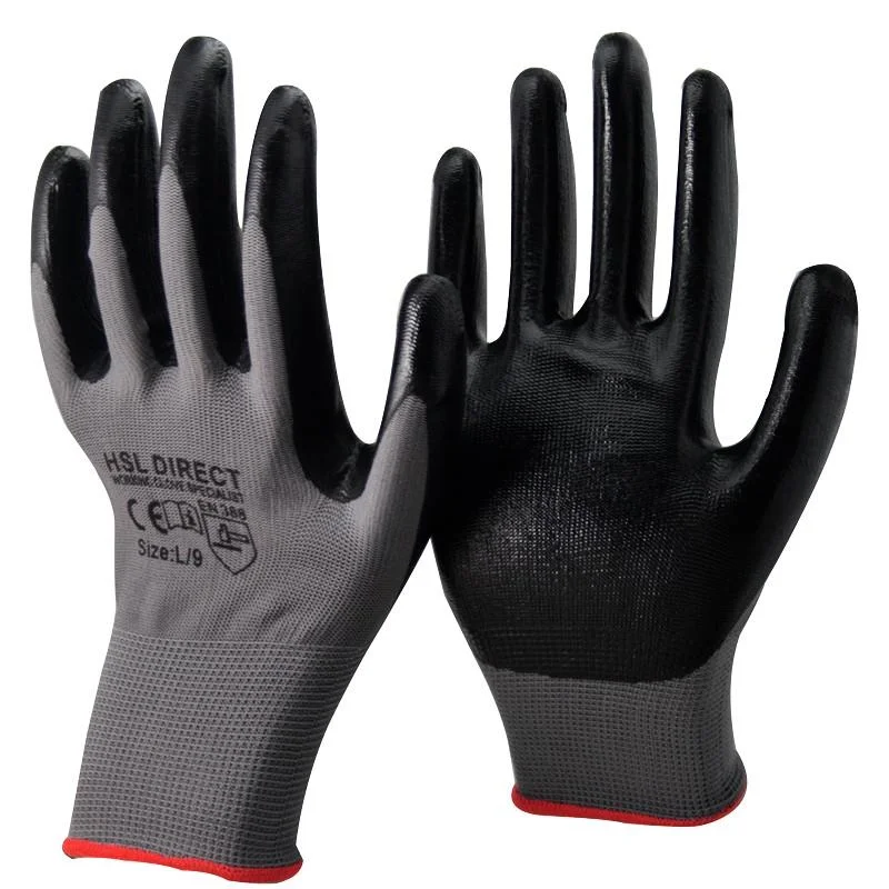 glove with red trim-  Premium Nitrile Coated Gloves - Black/Grey