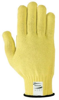 glove with pink accent-  Ansell Size 7 Yellow Vantage Heavy Weight Cut Resistant Gloves With Knit Wrist, Kevlar Lined, Reinforced DuPont Textured Yarn