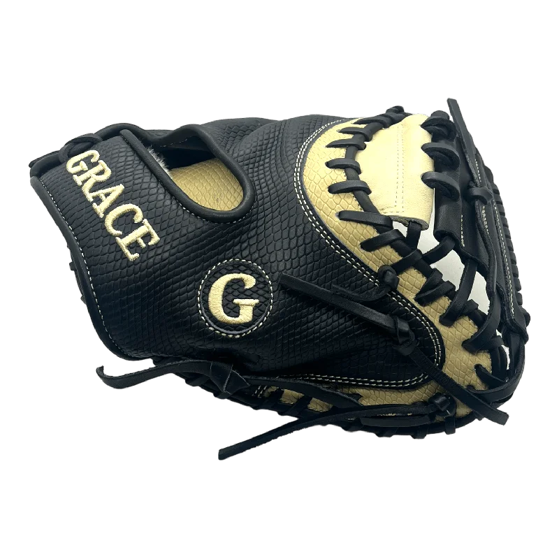 glove with striking-  Grace Custom 32.5” Inch Black Snake Skin Blonde Catchers Mitt RHT