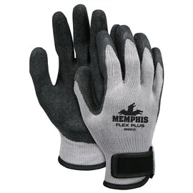 glove with red trim-  Memphis Glove Large FlexTuff® 10 Gauge Latex Palm And Fingertips Dipped Coated Work Gloves With Cotton/Polyester Liner And Hook And Loop Cuff