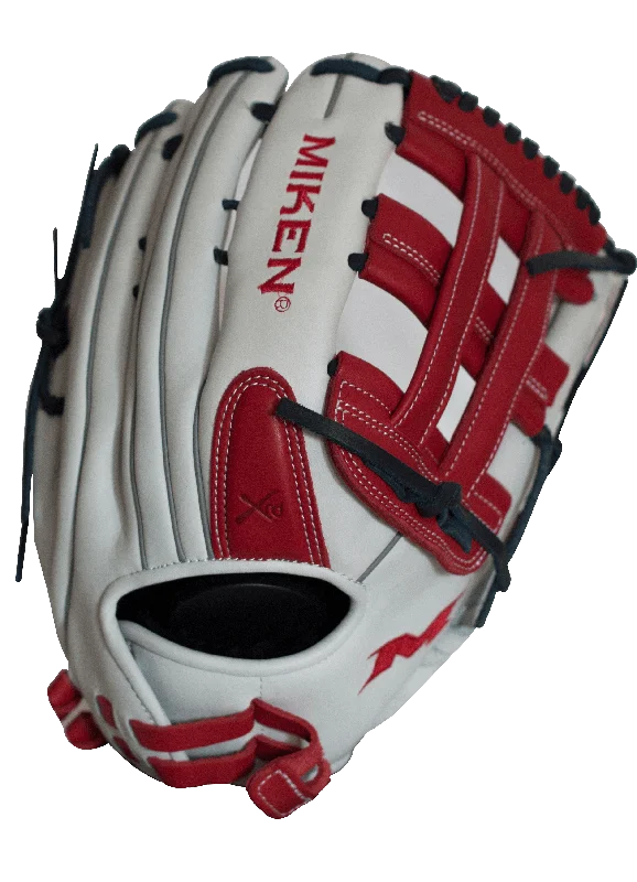 glove with cool look-  Miken Pro Series 13″ Slow Pitch Fielding Glove – White/Scarlet/Navy: PRO130WSN