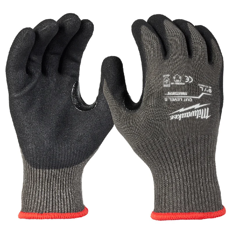 glove with red trim-  Milwaukee 48-73-8652 Cut Level 5 Nitrile Dipped Gloves - L