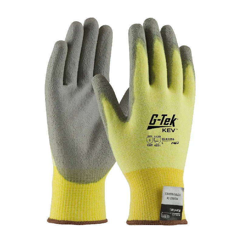 glove for bold style-  PIP 09-K1250 G-Tek KEV Seamless Knit Kevlar/Elastane Glove with Polyurethane Coated Flat Grip on Palm and Fingers (One Dozen)