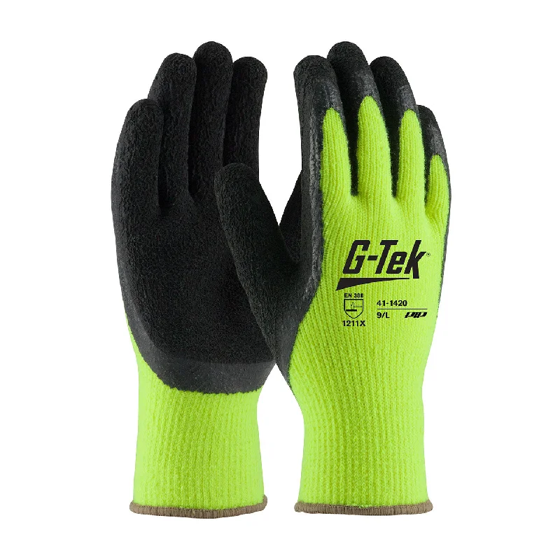 glove with tough build-  PIP 41-1420 G-Tek Hi-Vis Seamless Knit Acrylic with Latex Coated Crinkle Grip Safety Glove (One Dozen)