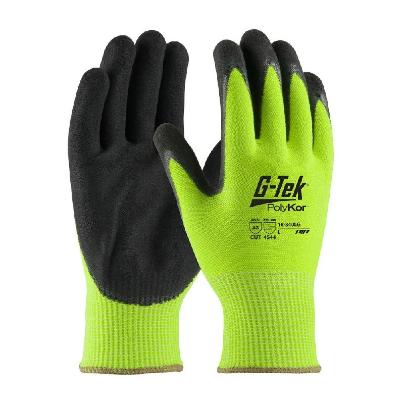 glove with sleek edge-  PIP Industrial Products 16-340LG/L G-Tek PolyKor HiViz Double Dip Nitrile Coated, Large