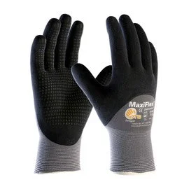 glove with clean vibe-  Protective Industrial Products 2X MaxiFlex® Endurance by ATG® 15 Gauge Black And Microdot Nitrile Palm, Finger And Knuckles Coated Work Gloves With Gray Nylon And Lycra® Liner And Continuous Knit Wrist