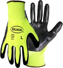 glove with clean touch-  Protective Industrial Products Large Boss® 13 Gauge Black Nitrile Palm And Fingers Coated Work Gloves With Hi-Viz Yellow Polyester Liner And Knit Wrist Cuff