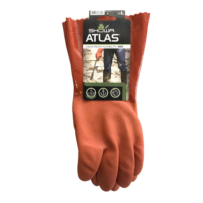 glove with bold vibe-  Showa Atlas Unisex Indoor/Outdoor PVC Chemical Gloves Orange L 1 pair (Pack of 12)