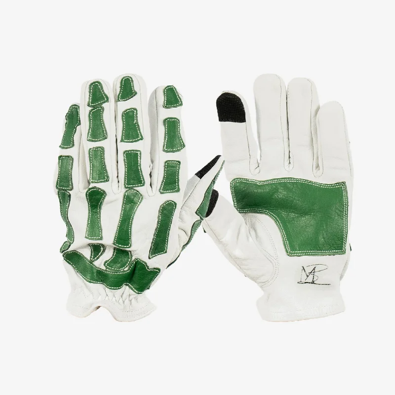 glove with sleek edge-  Skeleton Leather Motorcycle Glove - White & Green