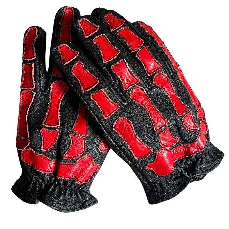 glove with detailed-  Skeleton Leather Motorcycle Gloves - Black and Red